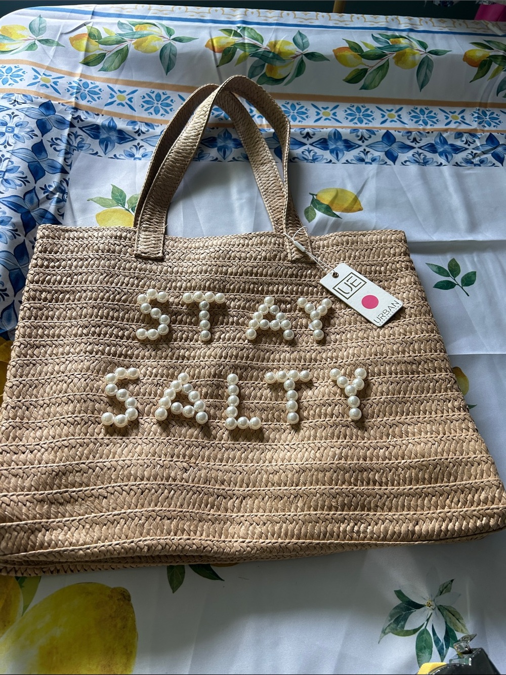 Urban Expressions Natural Straw Tote with Pearl 'STAY SALTY' Lettering